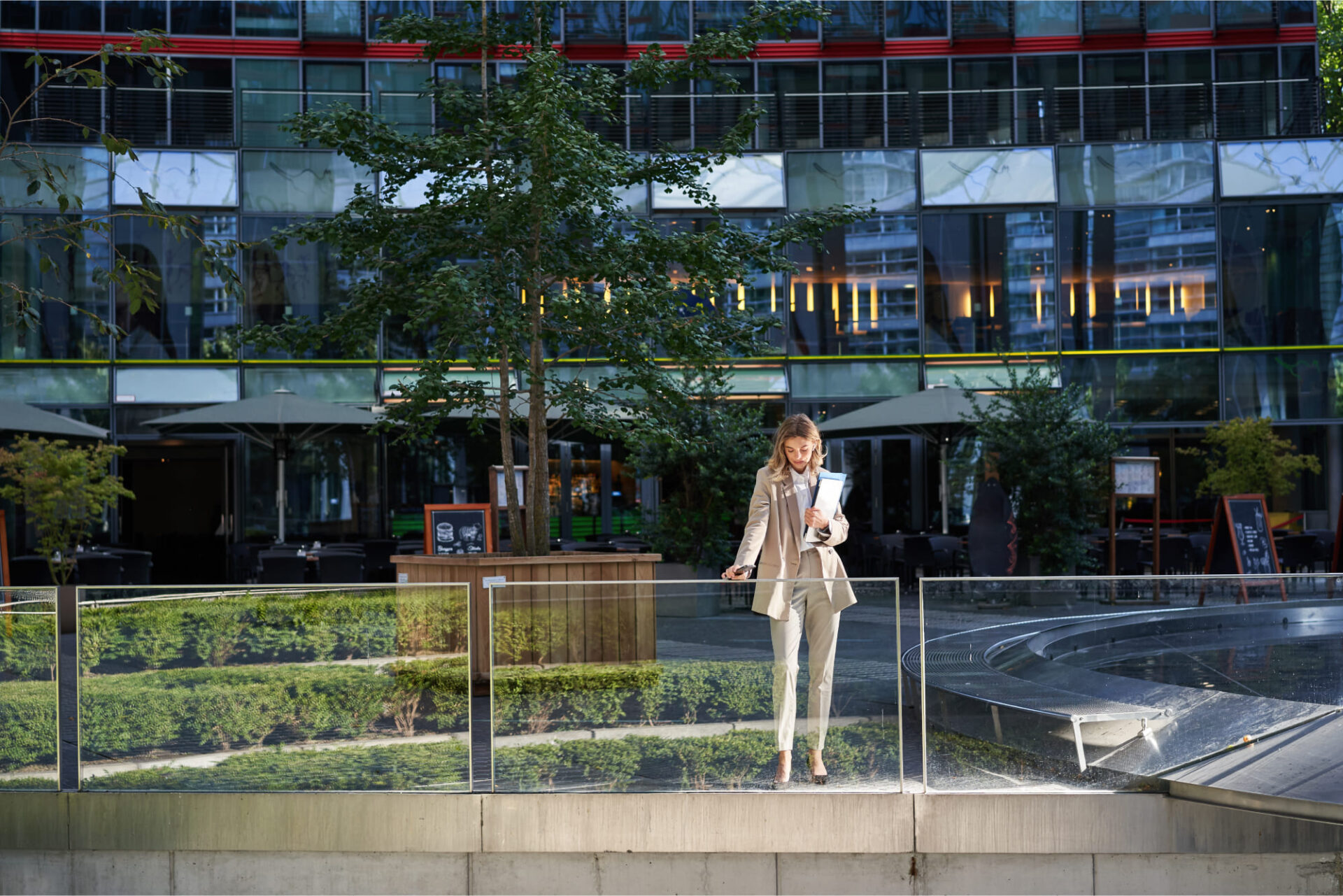 corporate businesswoman beige suit silhouette young corporate woman with documents laptop